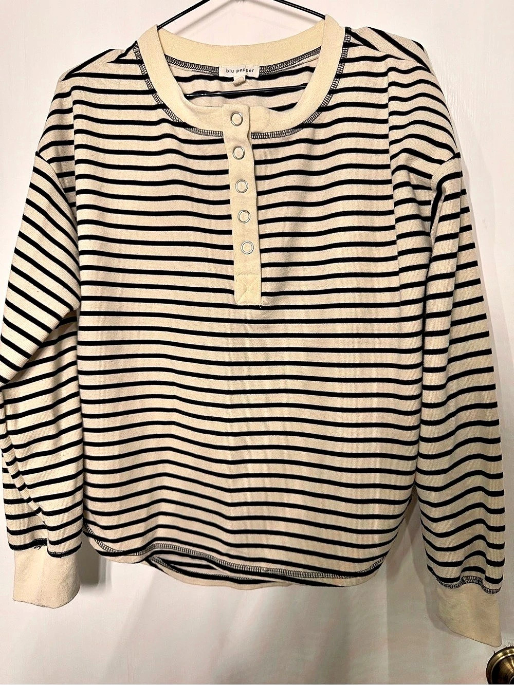 Blu Pepper Striped Long Sleeve Henley Top Black & Cream Medium